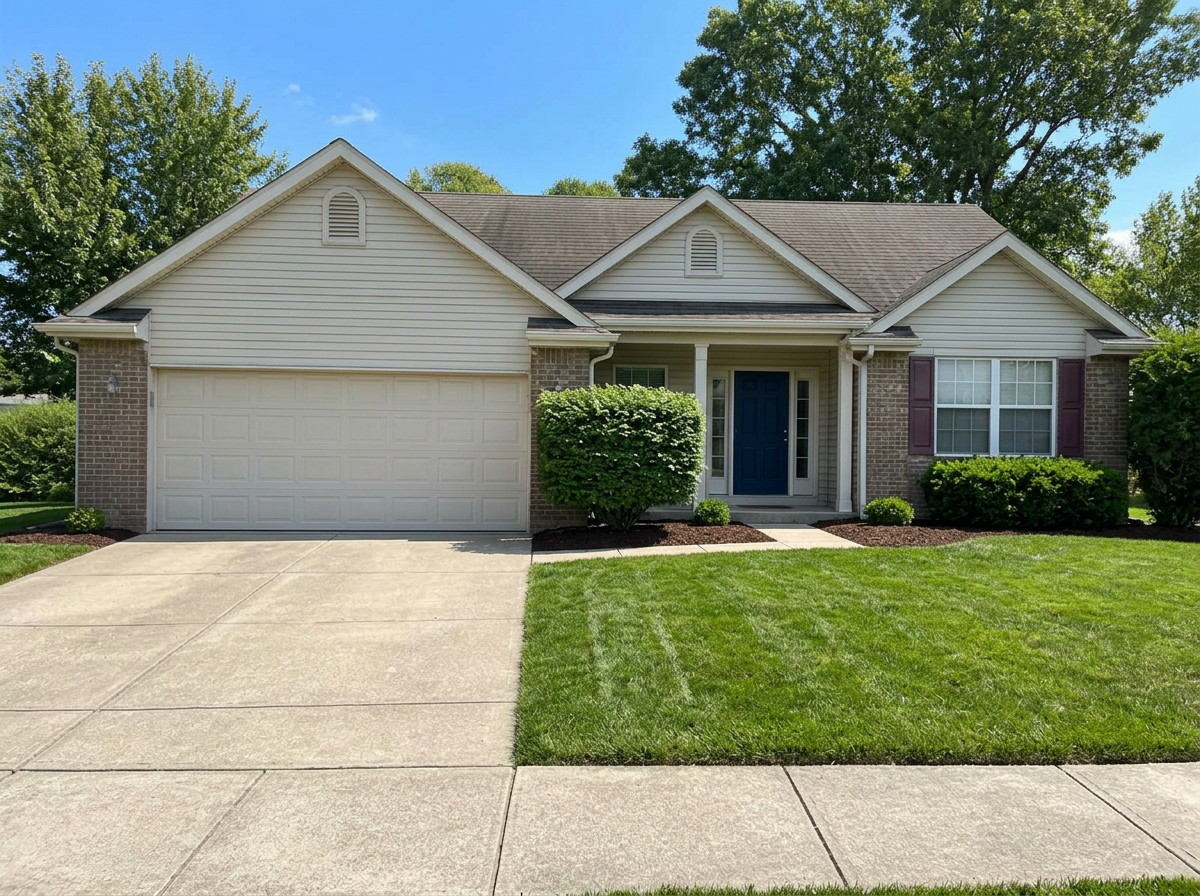 Same home after MarketHouse preparation - clean driveway, freshly painted navy door, refreshed landscaping